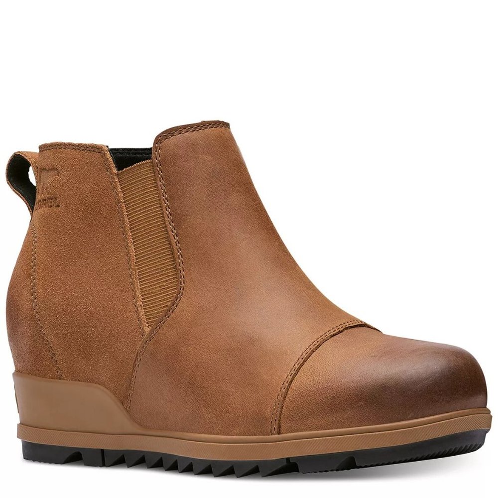 Sorel Evie Tan Lug Sole Wedge Ankle Pull on Bootie Boots Shoes Heels Pumps 6.5